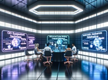 Futuristisches Büro mit holografischen Displays, KI-Tools wie Jasper, Neuroflash und Surfer sowie kreativen Mitarbeitenden an modernen Laptops und Touchscreens.