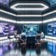 Futuristisches Büro mit holografischen Displays, KI-Tools wie Jasper, Neuroflash und Surfer sowie kreativen Mitarbeitenden an modernen Laptops und Touchscreens.