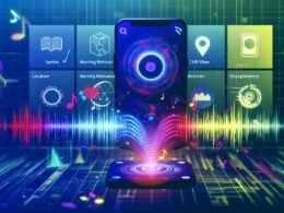 Futuristisches Smartphone mit Spotify-App, aus der leuchtende Audio-Wellen und digitale Datenströme hervorgehen, umgeben von Playlists, Gerätesymbolen und einem schwebenden Machine-Learning-Overlay.