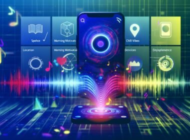 Futuristisches Smartphone mit Spotify-App, aus der leuchtende Audio-Wellen und digitale Datenströme hervorgehen, umgeben von Playlists, Gerätesymbolen und einem schwebenden Machine-Learning-Overlay.