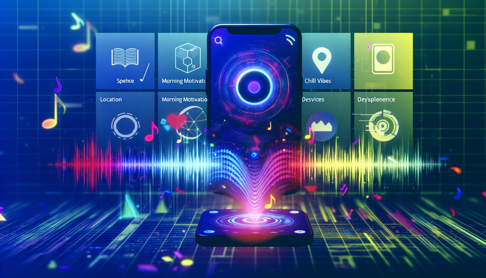 Futuristisches Smartphone mit Spotify-App, aus der leuchtende Audio-Wellen und digitale Datenströme hervorgehen, umgeben von Playlists, Gerätesymbolen und einem schwebenden Machine-Learning-Overlay.