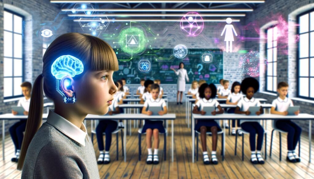 Junge Erwachsene mit Neurochip-Implantaten lernen in einem hellen, futuristischen Klassenzimmer mit holografischen neuronalen Netzwerken und digitalen Lerninhalten.