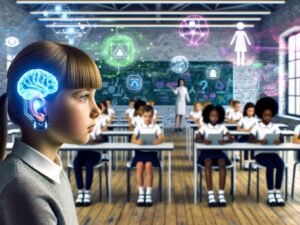 Junge Erwachsene mit Neurochip-Implantaten lernen in einem hellen, futuristischen Klassenzimmer mit holografischen neuronalen Netzwerken und digitalen Lerninhalten.
