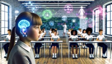 Junge Erwachsene mit Neurochip-Implantaten lernen in einem hellen, futuristischen Klassenzimmer mit holografischen neuronalen Netzwerken und digitalen Lerninhalten.