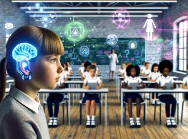 Junge Erwachsene mit Neurochip-Implantaten lernen in einem hellen, futuristischen Klassenzimmer mit holografischen neuronalen Netzwerken und digitalen Lerninhalten.