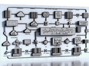 Technische Illustration eines vollständigen Datenvisualisierungs-Workflows mit Datenquellen, ETL-Pipeline, Datenmodellierung und modernen Dashboards.