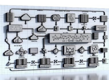 Technische Illustration eines vollständigen Datenvisualisierungs-Workflows mit Datenquellen, ETL-Pipeline, Datenmodellierung und modernen Dashboards.
