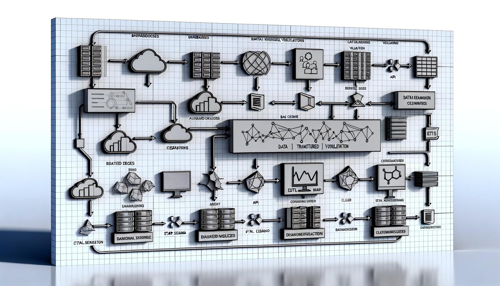 Technische Illustration eines vollständigen Datenvisualisierungs-Workflows mit Datenquellen, ETL-Pipeline, Datenmodellierung und modernen Dashboards.