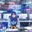 Urbaner Arbeitsplatz eines jungen Content-Strategen mit Monitoren voller Content-Pläne, SEO-Daten, Notizen, Kaffeetasse und Social-Media-Icons, Wandaufschrift ‚Content Writing Strategie‘.