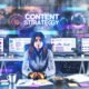 Urbaner Arbeitsplatz eines jungen Content-Strategen mit Monitoren voller Content-Pläne, SEO-Daten, Notizen, Kaffeetasse und Social-Media-Icons, Wandaufschrift ‚Content Writing Strategie‘.