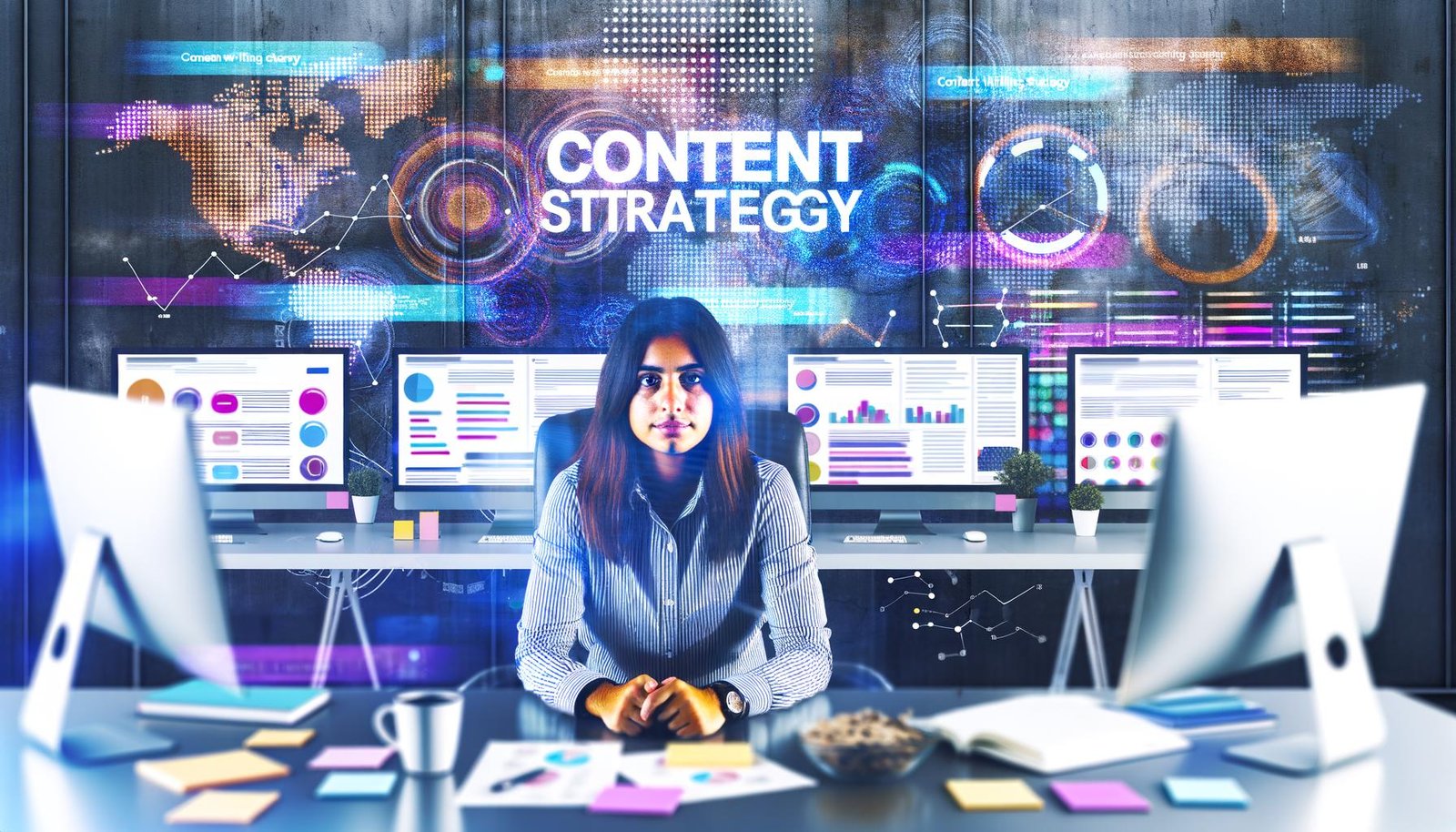 Urbaner Arbeitsplatz eines jungen Content-Strategen mit Monitoren voller Content-Pläne, SEO-Daten, Notizen, Kaffeetasse und Social-Media-Icons, Wandaufschrift ‚Content Writing Strategie‘.