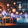 Stilisierte Grafik eines Hightech-Podcast-Studios mit Mikrofonen, Monitoren, Datenvisualisierungen, Werbebannern, Spotify-Symbolen und einer Person mit Kopfhörern am Laptop.
