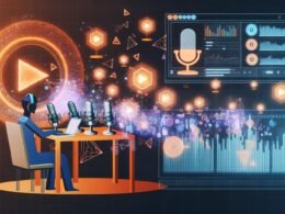 Stilisierte Grafik eines Hightech-Podcast-Studios mit Mikrofonen, Monitoren, Datenvisualisierungen, Werbebannern, Spotify-Symbolen und einer Person mit Kopfhörern am Laptop.