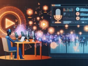 Stilisierte Grafik eines Hightech-Podcast-Studios mit Mikrofonen, Monitoren, Datenvisualisierungen, Werbebannern, Spotify-Symbolen und einer Person mit Kopfhörern am Laptop.