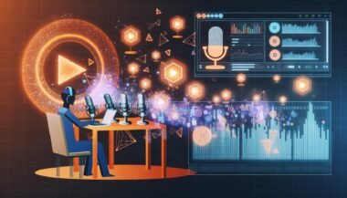 Stilisierte Grafik eines Hightech-Podcast-Studios mit Mikrofonen, Monitoren, Datenvisualisierungen, Werbebannern, Spotify-Symbolen und einer Person mit Kopfhörern am Laptop.