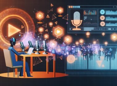 Stilisierte Grafik eines Hightech-Podcast-Studios mit Mikrofonen, Monitoren, Datenvisualisierungen, Werbebannern, Spotify-Symbolen und einer Person mit Kopfhörern am Laptop.