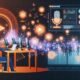 Stilisierte Grafik eines Hightech-Podcast-Studios mit Mikrofonen, Monitoren, Datenvisualisierungen, Werbebannern, Spotify-Symbolen und einer Person mit Kopfhörern am Laptop.