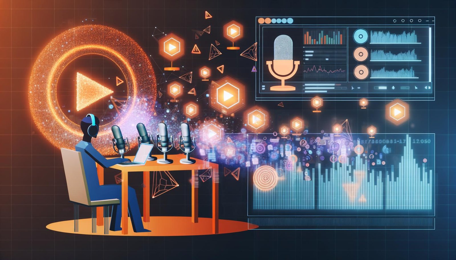 Stilisierte Grafik eines Hightech-Podcast-Studios mit Mikrofonen, Monitoren, Datenvisualisierungen, Werbebannern, Spotify-Symbolen und einer Person mit Kopfhörern am Laptop.