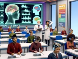 Helles Klassenzimmer mit Schülern in unterschiedlichen Altersstufen, einige tragen schlanke EEG-Headsets, Lehrerin blickt auf Tablet, digitale Displays visualisieren Gehirndaten, Poster zu Datenschutz und Ethik an den Wänden.