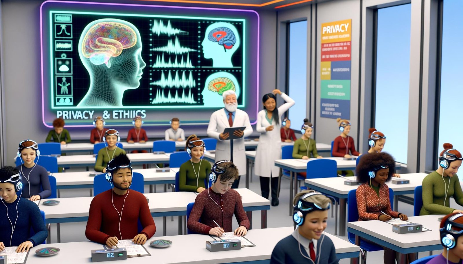 Helles Klassenzimmer mit Schülern in unterschiedlichen Altersstufen, einige tragen schlanke EEG-Headsets, Lehrerin blickt auf Tablet, digitale Displays visualisieren Gehirndaten, Poster zu Datenschutz und Ethik an den Wänden.