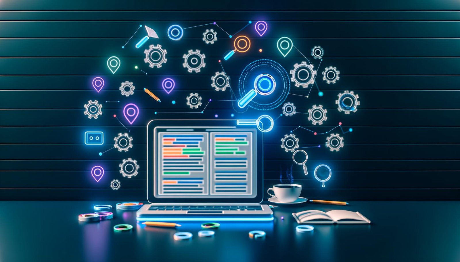 Moderne, minimalistische Homeoffice-Illustration mit offenem Laptop, farbenfrohen Diagrammen, Keyword-Listen und schwebenden SEO-Icons wie Zahnräder, Lupe, KI-Symbol, Meta-Tags und Checklisten.