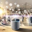 Moderne Wohnküche mit verschiedenen Personen, die smarte Lautsprecher wie Amazon Echo, Google Nest, Sonos, Apple HomePod und einen hervorgehobenen Spotify-Speaker nutzen, umgeben von futuristischen Interface-Elementen.