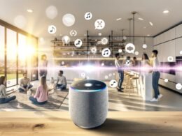 Moderne Wohnküche mit verschiedenen Personen, die smarte Lautsprecher wie Amazon Echo, Google Nest, Sonos, Apple HomePod und einen hervorgehobenen Spotify-Speaker nutzen, umgeben von futuristischen Interface-Elementen.