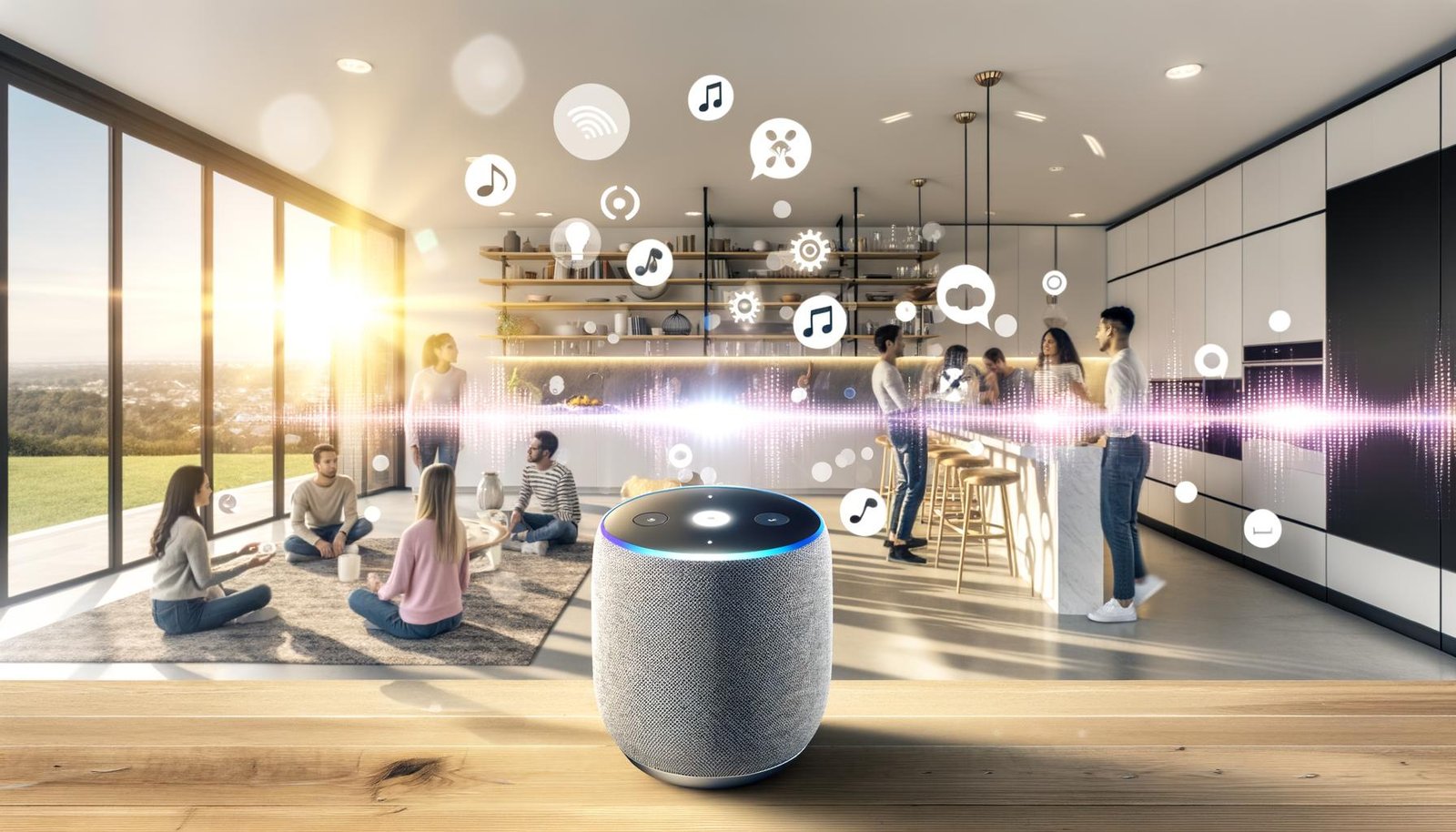 Moderne Wohnküche mit verschiedenen Personen, die smarte Lautsprecher wie Amazon Echo, Google Nest, Sonos, Apple HomePod und einen hervorgehobenen Spotify-Speaker nutzen, umgeben von futuristischen Interface-Elementen.