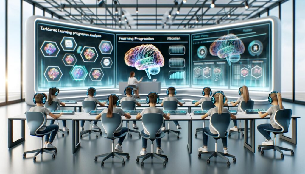 Futuristisches Klassenzimmer mit Schülerinnen und Schülern, die Brain-Computer-Interface-Headsets tragen, interaktiven Bildschirmen und moderner Technologie in einer lichtdurchfluteten, inspirierenden Umgebung.