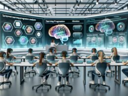 Futuristisches Klassenzimmer mit Schülerinnen und Schülern, die Brain-Computer-Interface-Headsets tragen, interaktiven Bildschirmen und moderner Technologie in einer lichtdurchfluteten, inspirierenden Umgebung.