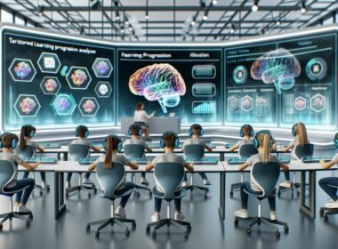 Futuristisches Klassenzimmer mit Schülerinnen und Schülern, die Brain-Computer-Interface-Headsets tragen, interaktiven Bildschirmen und moderner Technologie in einer lichtdurchfluteten, inspirierenden Umgebung.