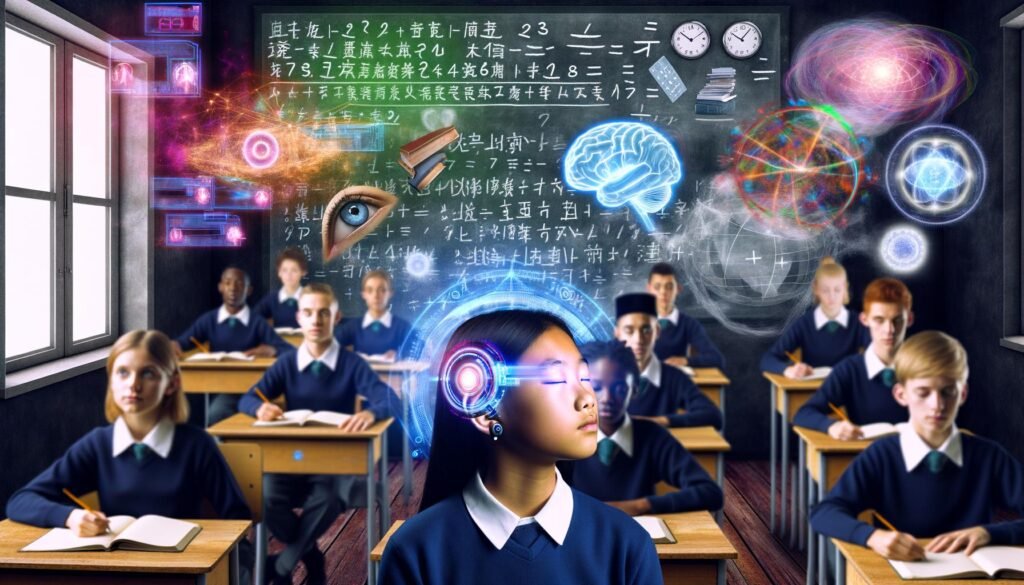 Diverse Schüler in einem modernen Klassenzimmer 2030 mit Neurochips hinter den Ohren, holografischen Displays und fließenden Datenströmen, traditionelle Schulbücher verblassen im Hintergrund