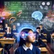 Diverse Schüler in einem modernen Klassenzimmer 2030 mit Neurochips hinter den Ohren, holografischen Displays und fließenden Datenströmen, traditionelle Schulbücher verblassen im Hintergrund