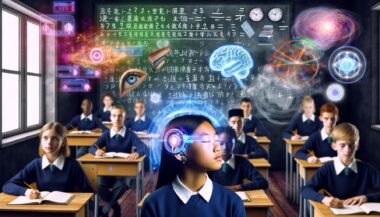 Diverse Schüler in einem modernen Klassenzimmer 2030 mit Neurochips hinter den Ohren, holografischen Displays und fließenden Datenströmen, traditionelle Schulbücher verblassen im Hintergrund