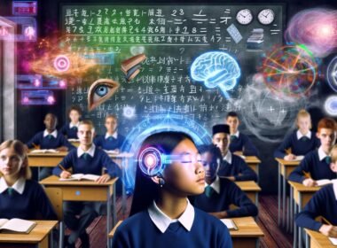 Diverse Schüler in einem modernen Klassenzimmer 2030 mit Neurochips hinter den Ohren, holografischen Displays und fließenden Datenströmen, traditionelle Schulbücher verblassen im Hintergrund