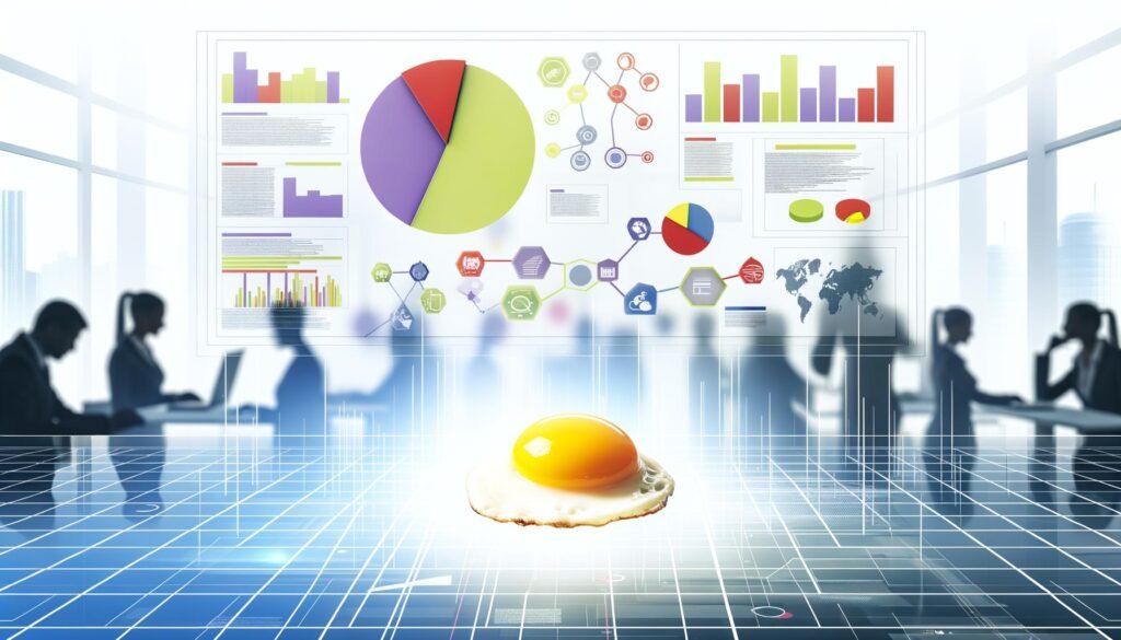 Moderne Infografik-Szene mit kreativem Spiegelei als Metapher für faktenbasierte Visualisierung, umgeben von Diagrammen und bunten Charts in einem futuristischen Büro.