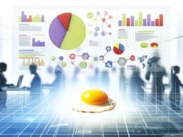 Moderne Infografik-Szene mit kreativem Spiegelei als Metapher für faktenbasierte Visualisierung, umgeben von Diagrammen und bunten Charts in einem futuristischen Büro.