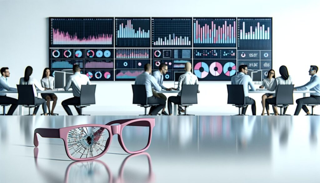 Analysten und IT-Spezialisten analysieren konzentriert nüchterne Datenvisualisierungen an großen Bildschirmen in einem modernen Büro, eine zerbrochene rosa Brille im Vordergrund steht für den Abschied von oberflächlicher Kosmetik.