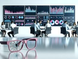 Analysten und IT-Spezialisten analysieren konzentriert nüchterne Datenvisualisierungen an großen Bildschirmen in einem modernen Büro, eine zerbrochene rosa Brille im Vordergrund steht für den Abschied von oberflächlicher Kosmetik.