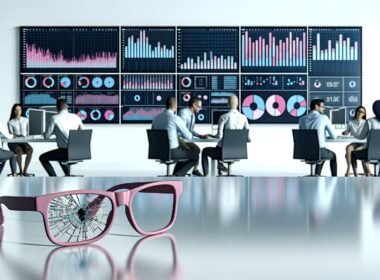 Analysten und IT-Spezialisten analysieren konzentriert nüchterne Datenvisualisierungen an großen Bildschirmen in einem modernen Büro, eine zerbrochene rosa Brille im Vordergrund steht für den Abschied von oberflächlicher Kosmetik.