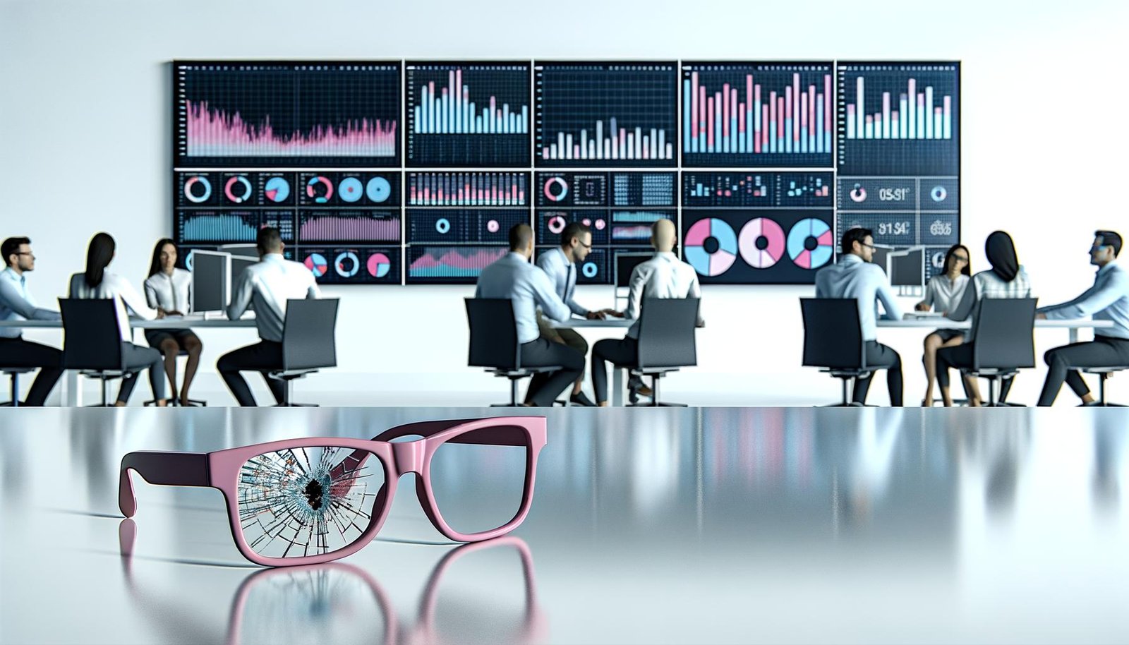 Analysten und IT-Spezialisten analysieren konzentriert nüchterne Datenvisualisierungen an großen Bildschirmen in einem modernen Büro, eine zerbrochene rosa Brille im Vordergrund steht für den Abschied von oberflächlicher Kosmetik.