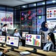 Marketerin analysiert Datenmuster an modernen Bildschirmen mit Dashboards in einem dynamischen Business-Intelligence-Büro; Kollegen skizzieren KPIs an einer Glaswand, Poster bekannter Datenvisualisierungstools hängen an den Wänden.