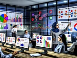 Marketerin analysiert Datenmuster an modernen Bildschirmen mit Dashboards in einem dynamischen Business-Intelligence-Büro; Kollegen skizzieren KPIs an einer Glaswand, Poster bekannter Datenvisualisierungstools hängen an den Wänden.