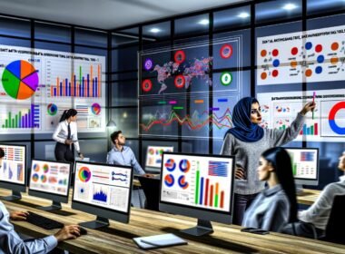 Marketerin analysiert Datenmuster an modernen Bildschirmen mit Dashboards in einem dynamischen Business-Intelligence-Büro; Kollegen skizzieren KPIs an einer Glaswand, Poster bekannter Datenvisualisierungstools hängen an den Wänden.