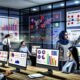 Marketerin analysiert Datenmuster an modernen Bildschirmen mit Dashboards in einem dynamischen Business-Intelligence-Büro; Kollegen skizzieren KPIs an einer Glaswand, Poster bekannter Datenvisualisierungstools hängen an den Wänden.