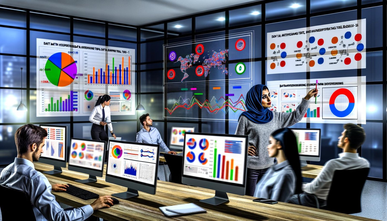 Marketerin analysiert Datenmuster an modernen Bildschirmen mit Dashboards in einem dynamischen Business-Intelligence-Büro; Kollegen skizzieren KPIs an einer Glaswand, Poster bekannter Datenvisualisierungstools hängen an den Wänden.