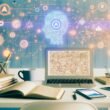 Futuristischer, aufgeräumter Schreibtisch mit geöffnetem Laptop, Smartphone-Dashboard, Notizbüchern, Kaffeebecher und digitalen KI-Illustrationen im Hintergrund in heller, minimalistischer Umgebung.
