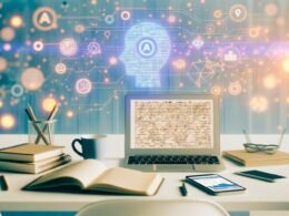Futuristischer, aufgeräumter Schreibtisch mit geöffnetem Laptop, Smartphone-Dashboard, Notizbüchern, Kaffeebecher und digitalen KI-Illustrationen im Hintergrund in heller, minimalistischer Umgebung.