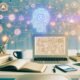 Futuristischer, aufgeräumter Schreibtisch mit geöffnetem Laptop, Smartphone-Dashboard, Notizbüchern, Kaffeebecher und digitalen KI-Illustrationen im Hintergrund in heller, minimalistischer Umgebung.