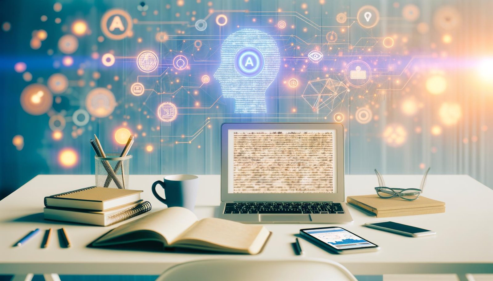 Futuristischer, aufgeräumter Schreibtisch mit geöffnetem Laptop, Smartphone-Dashboard, Notizbüchern, Kaffeebecher und digitalen KI-Illustrationen im Hintergrund in heller, minimalistischer Umgebung.